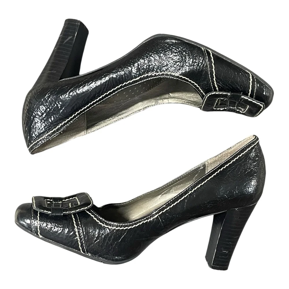Italian Shoemakers Contesa Women 7 Pumps Square Toe Contrast Stitch Leather Blac